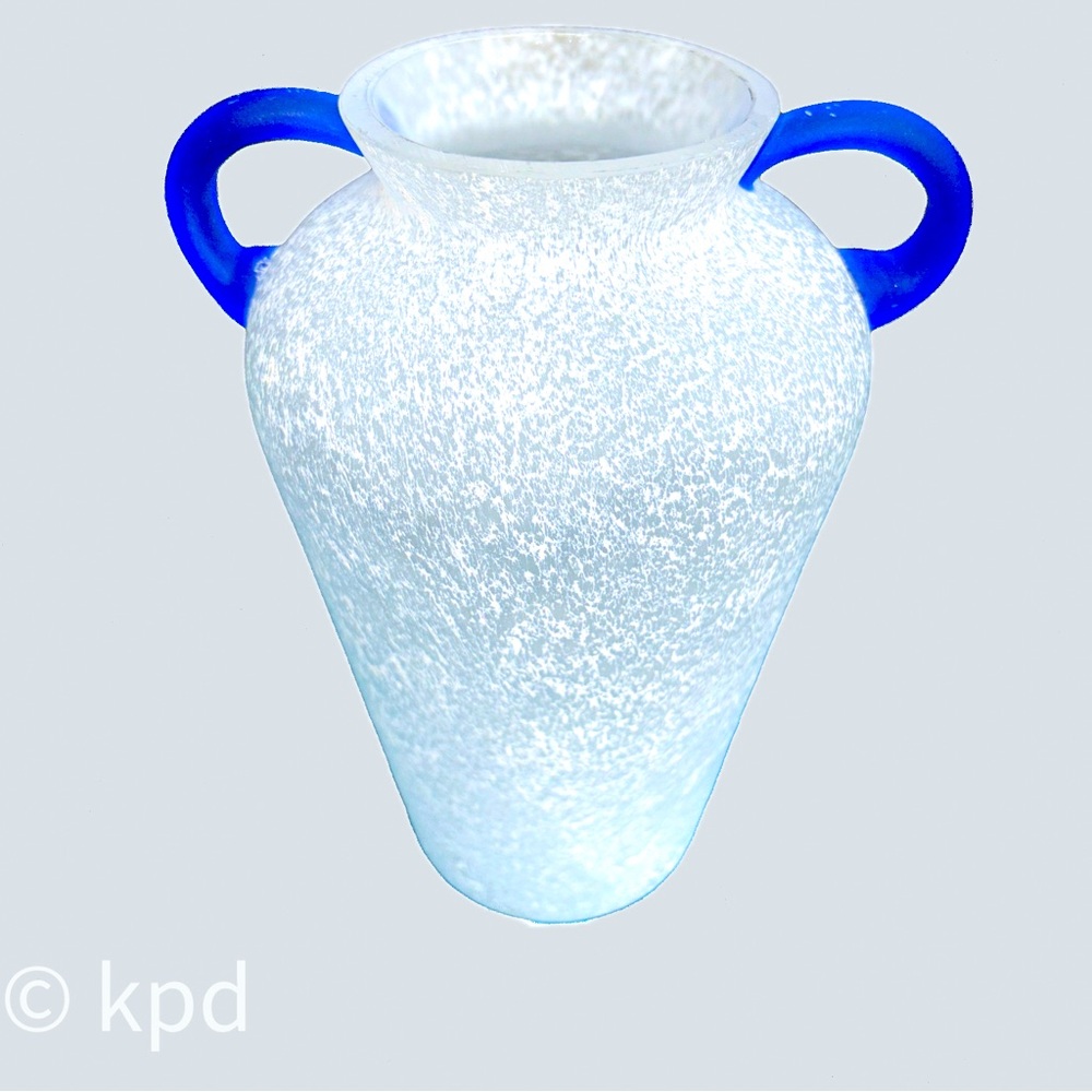 Frosted Art Glass Vase w/ Blue Handles – 10” Tall